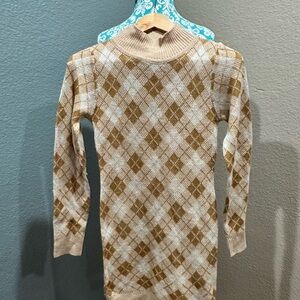 Tan and White Argyle Sweater dress. Festive, heritage, cozy cottage, countryside